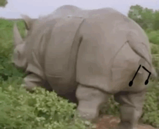 A Rhinoceros Is Standing In A Field With A Musical Note On Its Tail . GIF
