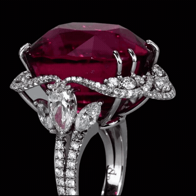 A Ring With A Large Ruby And Diamonds Has The Letters Aa On It GIF