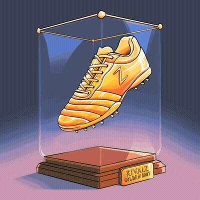 A Rivalz Golden Boot Is Displayed In A Glass Display Case GIF