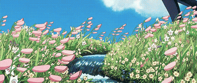 A River Running Through A Field Of Flowers With A Blue Sky In The Background GIF