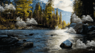 A River Surrounded By Trees And Rocks In The Rain GIF