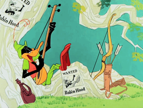 A Robin Hood Cartoon With A Wanted Poster On The Ground GIF