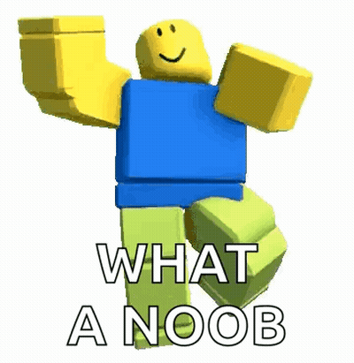 A Roblox Character Is Dancing With The Words `` What A Noob '' . GIF