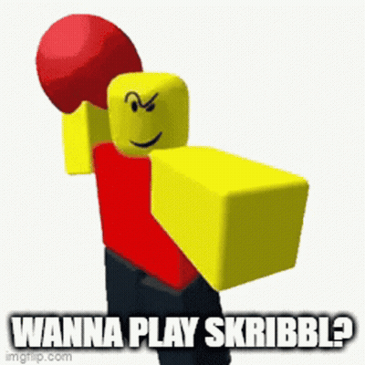 A Roblox Character Is Holding A Red Boxing Glove And Says " Wanna Play Skribbl ? " GIF