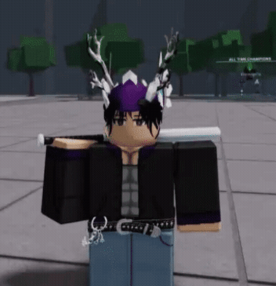A Roblox Character Is Holding A Sword And Wearing A Purple Hat With Horns . GIF