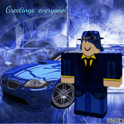 A Roblox Character Standing In Front Of A Blue Car With Greetings Everyone Written On It GIF