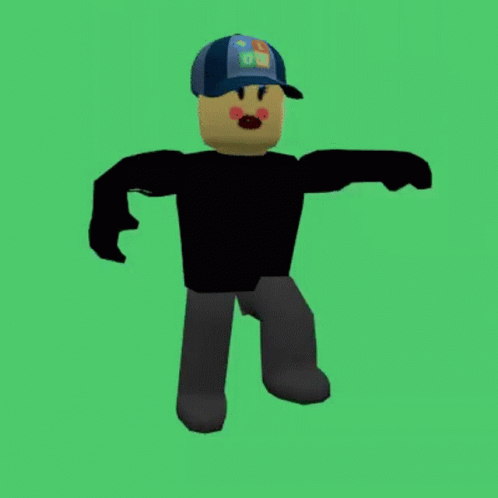 A Roblox Character Wearing A Blue Hat And A Black Shirt Is Standing On A Green Background . GIF