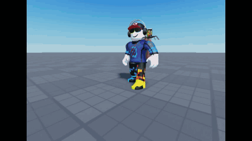 A Roblox Character Wearing Headphones And A Hat Is Walking On A Tiled Floor GIF