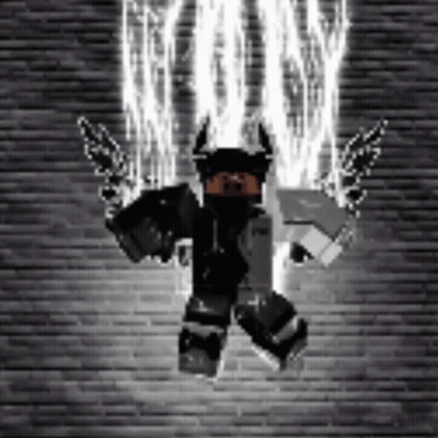 A Roblox Character With Horns And Wings Is Standing In Front Of A Brick Wall With Lightning Coming Out Of It . GIF