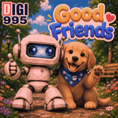 A Robot And A Dog Are Standing Next To Each Other With The Words Good Friends Behind Them GIF