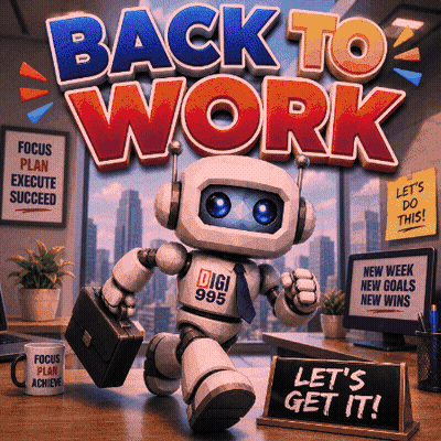 A Robot Carrying A Briefcase Is Standing In Front Of A Sign That Says Let 'S Get It GIF