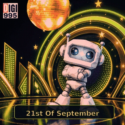 A Robot Dancing In Front Of A Disco Ball With The Date September 21St On The Bottom GIF