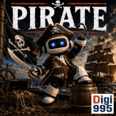 A Robot Dressed As A Pirate Holding A Sword And A Hook GIF