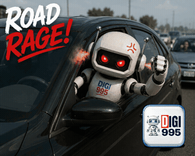 A Robot Driving A Car With The Words Road Rage Behind It GIF