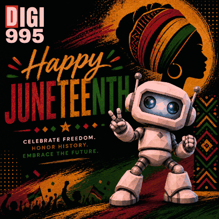 A Robot Giving A Peace Sign In Front Of A Sign That Says Happy Juneteenth GIF