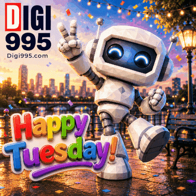 A Robot Giving A Peace Sign With The Words Happy Tuesday Behind It GIF