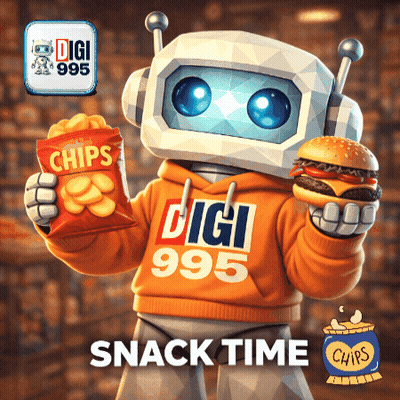 A Robot Holding A Bag Of Chips And A Hamburger Wearing A Digi 995 Sweatshirt GIF