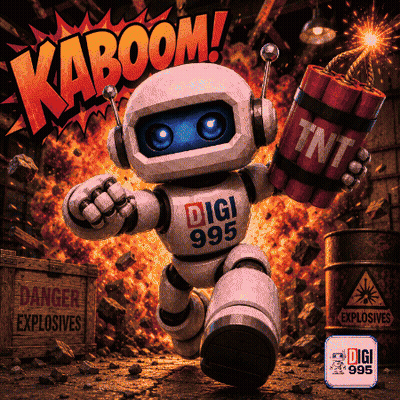A Robot Holding A Barrel Of Tnt With The Words Kaboom Behind Him GIF