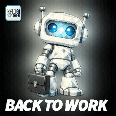 A Robot Holding A Briefcase With The Words Back To Work Below Him GIF