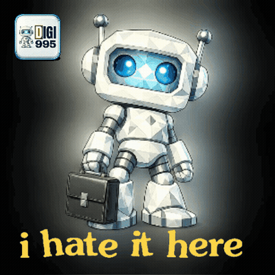 A Robot Holding A Briefcase With The Words I Hate It Here Below Him GIF
