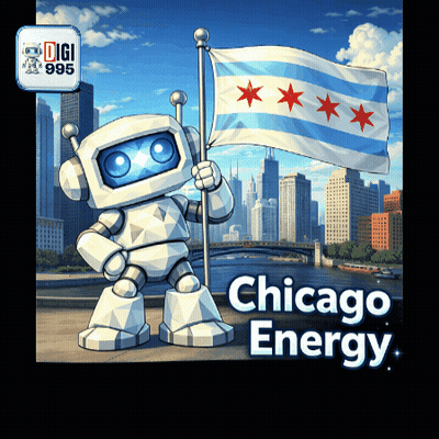 A Robot Holding A Chicago Flag With The Words Chicago Energy Below It GIF