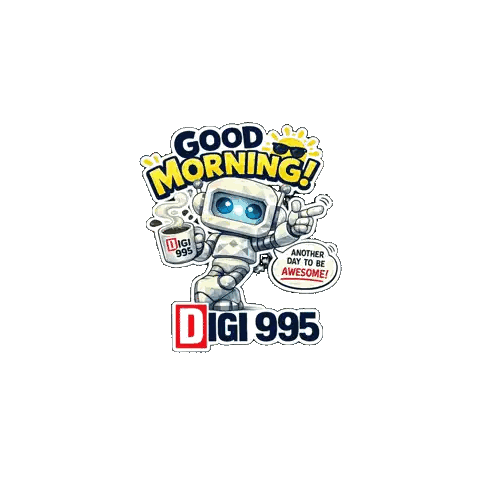 A Robot Holding A Cup Of Coffee Says Good Morning Sticker