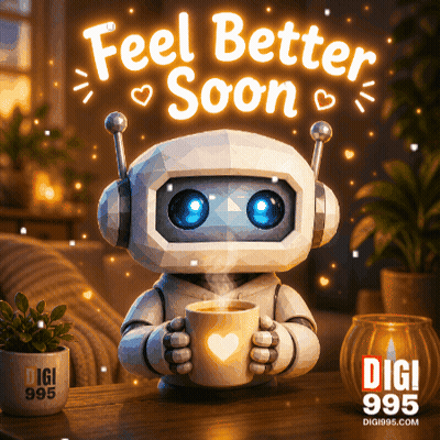 A Robot Holding A Cup Of Coffee With The Words Feel Better Soon Written Above It GIF