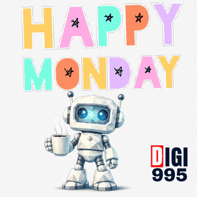 A Robot Holding A Cup Of Coffee With The Words Happy Monday Behind It GIF