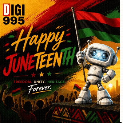 A Robot Holding A Flag With The Words Happy Juneteenth Freedom Unity Heritage Forever On The Bottom GIF
