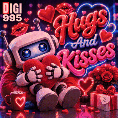 A Robot Holding A Heart With The Words " Hugs And Kisses " On It GIF