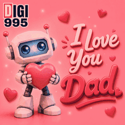 A Robot Holding A Heart With The Words I Love You Dad Below It GIF