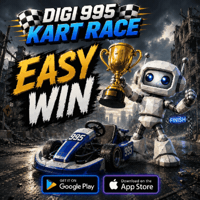 A Robot Holding A Trophy Next To A Go Kart With The Number 995 On It GIF