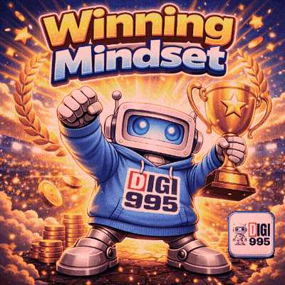 A Robot Holding A Trophy With The Words " Winning Mindset " Behind Him GIF