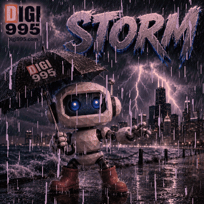 A Robot Holding An Umbrella In The Rain With The Word Storm Written On It GIF