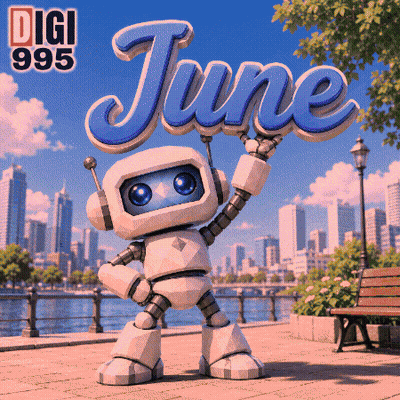 A Robot Holding Up The Word June In Front Of A City Skyline GIF