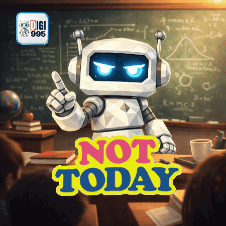 A Robot In A Classroom With The Words " Not Today " On It GIF