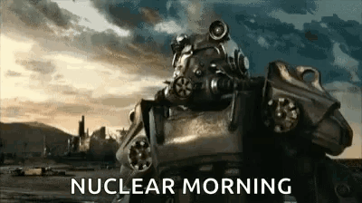 A Robot In A Gas Mask Is Standing In A Field With The Words `` Nuclear Morning '' Written On The Bottom . GIF