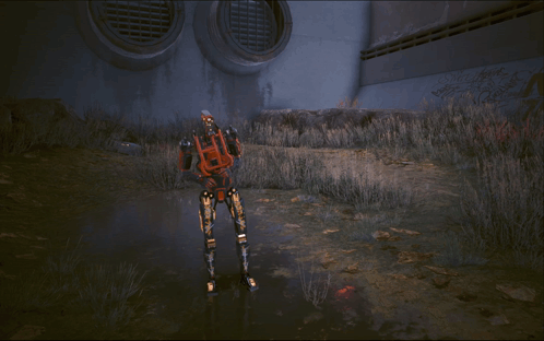 A Robot In A Video Game Is Standing In A Field Of Tall Grass GIF