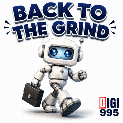 A Robot Is Carrying A Briefcase And The Words Back To The Grind Are Behind Him GIF