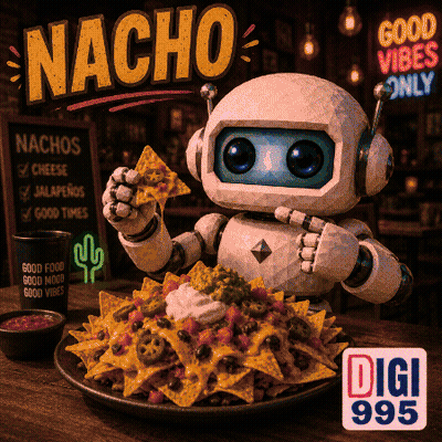 A Robot Is Eating A Plate Of Nachos With A Sign That Says Good Vibes Only In The Background GIF