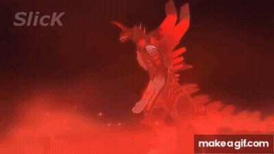 A Robot Is Flying Through The Air In A Dark Room With Red Lights . GIF