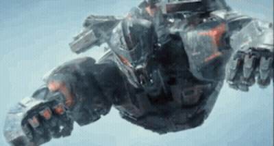 A Robot Is Flying Through The Air With A Gun . GIF
