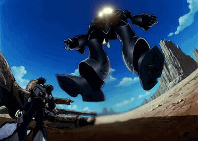 A Robot Is Flying Through The Air With A Man Standing In Front Of It GIF