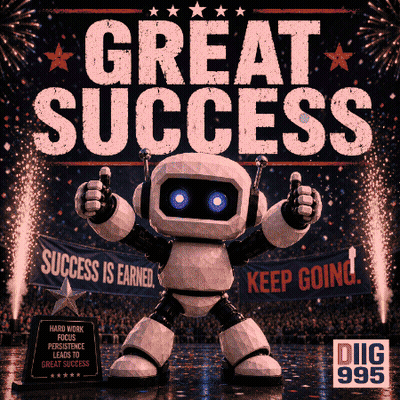 A Robot Is Giving A Thumbs Up In Front Of A Sign That Says Great Success GIF