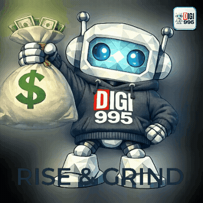 A Robot Is Holding A Bag Of Money And Wearing A Digi 995 Hoodie GIF
