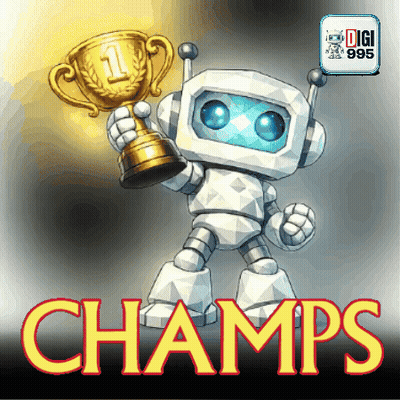 A Robot Is Holding A Gold Trophy With The Word Champs Below It GIF