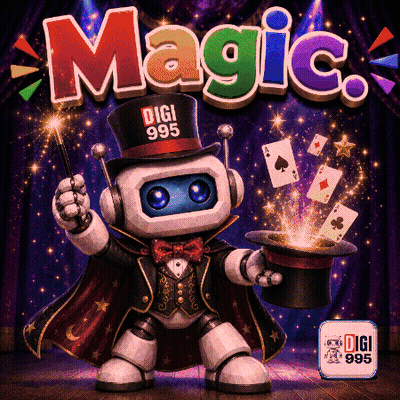 A Robot Is Holding A Magic Wand And A Top Hat In Front Of A Stage That Says Magic GIF
