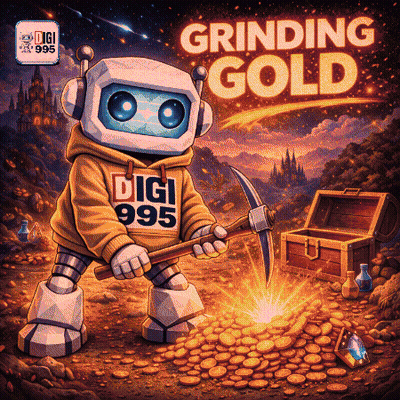 A Robot Is Holding A Pickaxe And Wearing A Hoodie That Says Digi 995 GIF