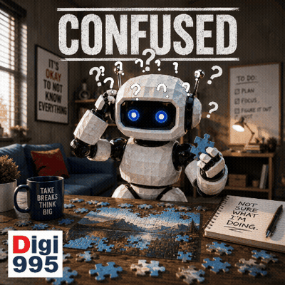 A Robot Is Holding A Puzzle Piece In Front Of The Words Confused GIF