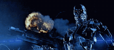 A Robot Is Holding A Rifle In A Dark Room With A Blue Light Behind Him . GIF